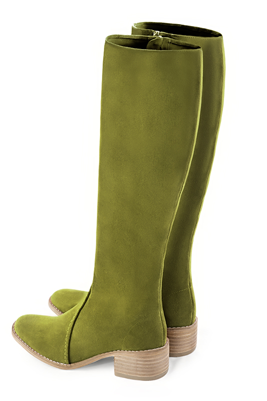 Pistachio green women's riding knee-high boots. Round toe. Low leather soles. Made to measure. Rear view - Florence KOOIJMAN